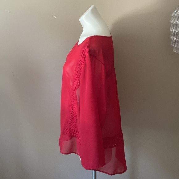 Donna Moore Red Sheer Scoop Neck Peasant Blouse With Lace Trim Plus Size - Picture 3 of 6